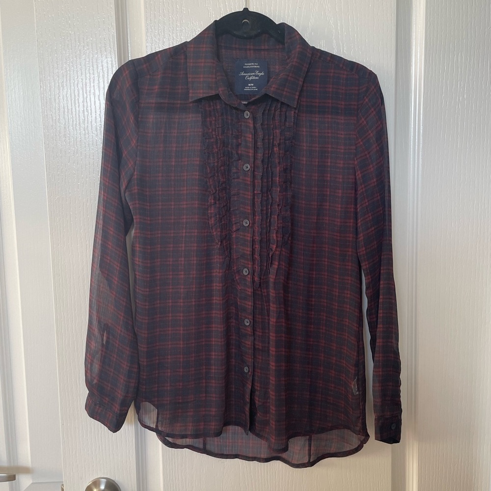 AE- Sheer red and blue plaid work top size M